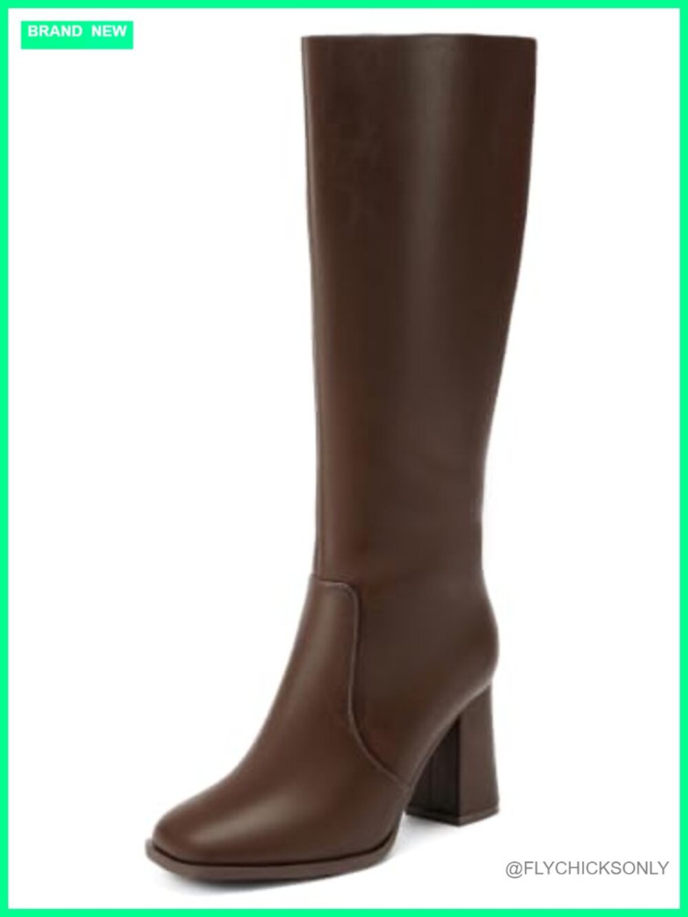 Wide Calf Knee High Boots Square Toe 3.5-Inch Chunky Heel Faux Leather